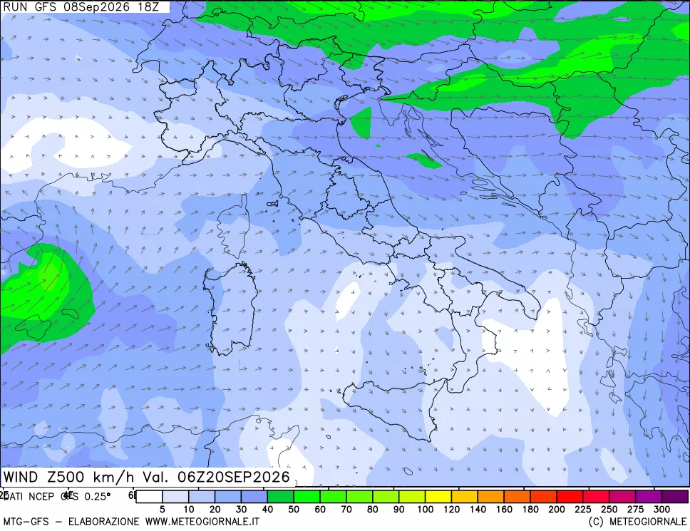 mappa 500 hPa Vento forza e direzione