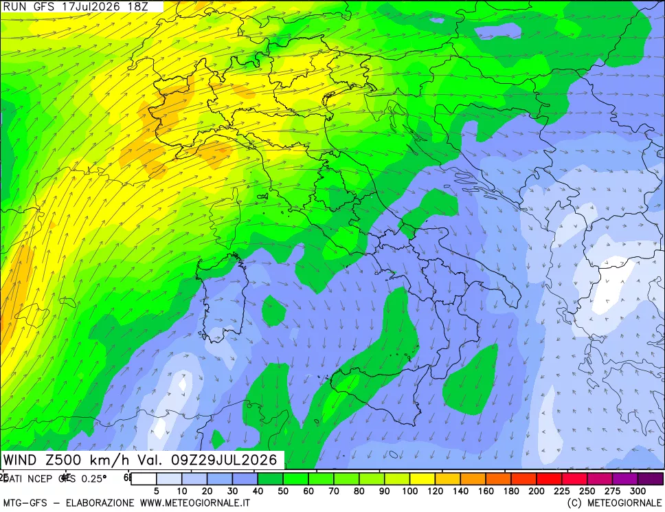 mappa 500 hPa Vento forza e direzione