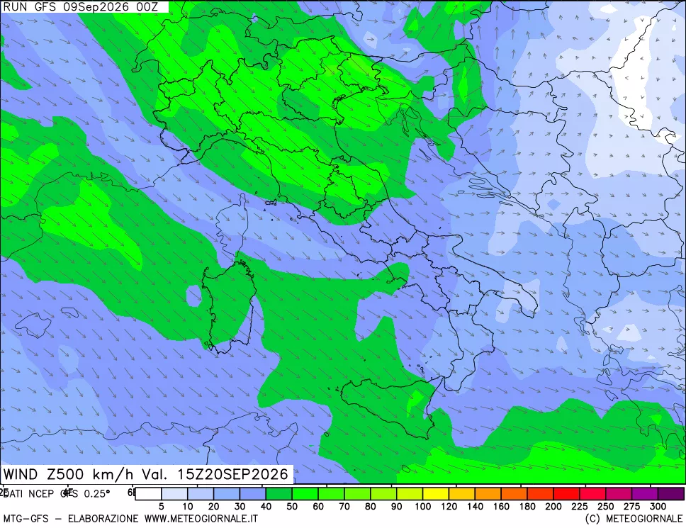 mappa 500 hPa Vento forza e direzione