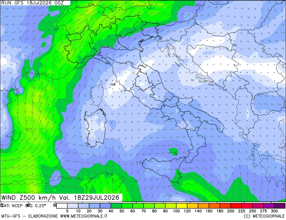 mappa 500 hPa Vento forza e direzione
