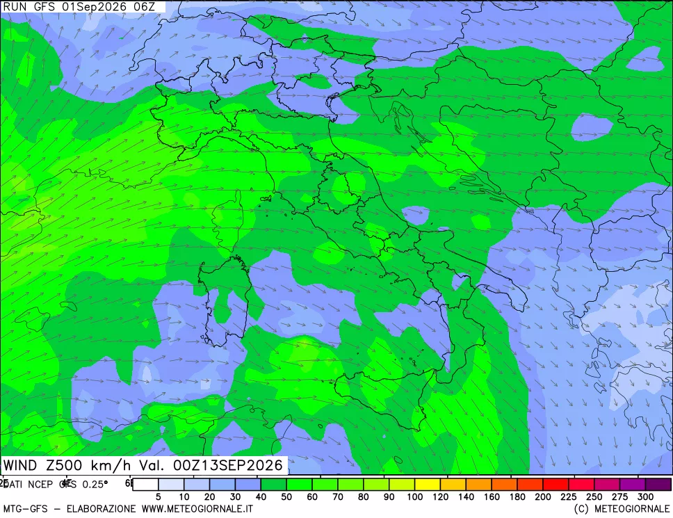 mappa 500 hPa Vento forza e direzione