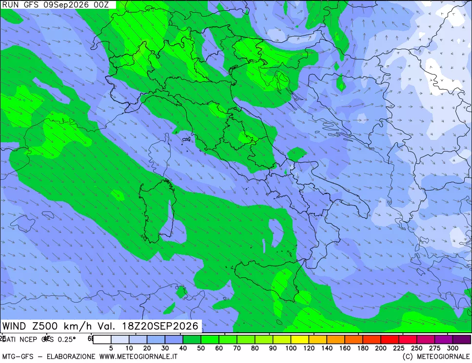 mappa 500 hPa Vento forza e direzione