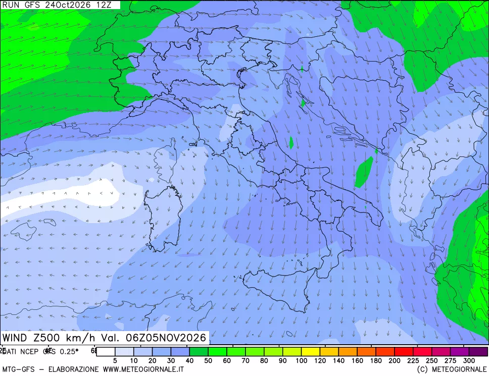 mappa 500 hPa Vento forza e direzione