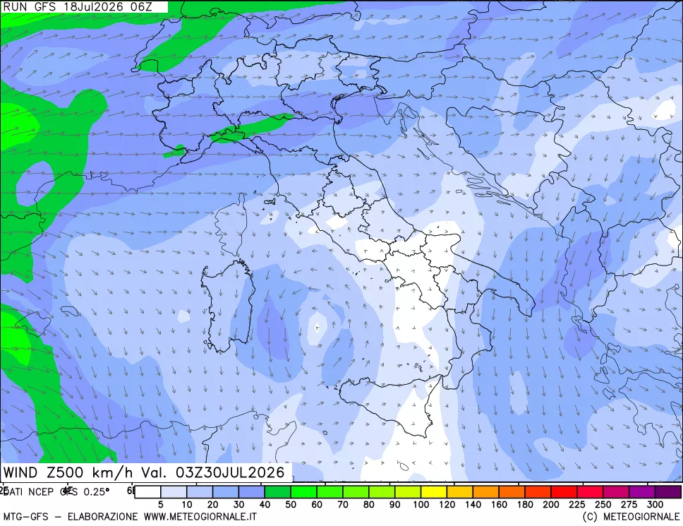 mappa 500 hPa Vento forza e direzione