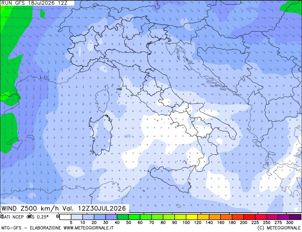 mappa 500 hPa Vento forza e direzione
