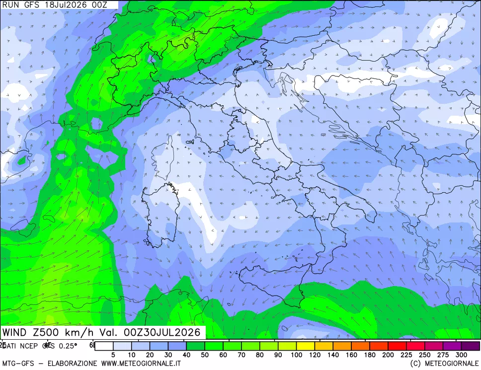 mappa 500 hPa Vento forza e direzione