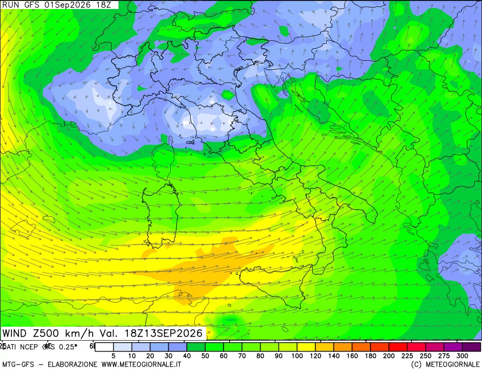 mappa 500 hPa Vento forza e direzione