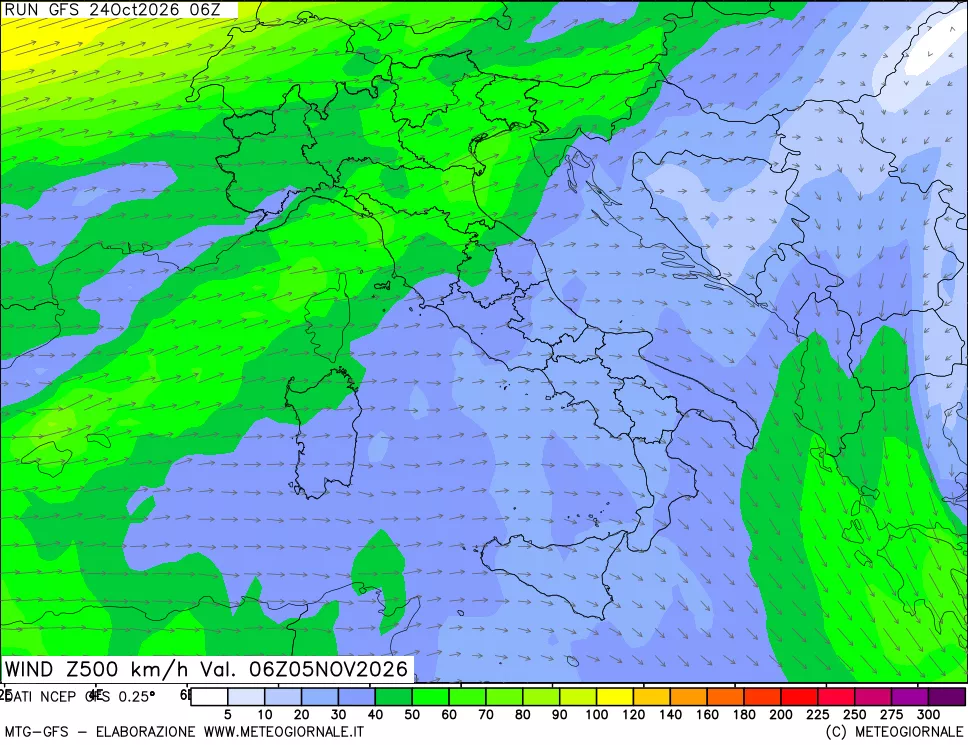 mappa 500 hPa Vento forza e direzione