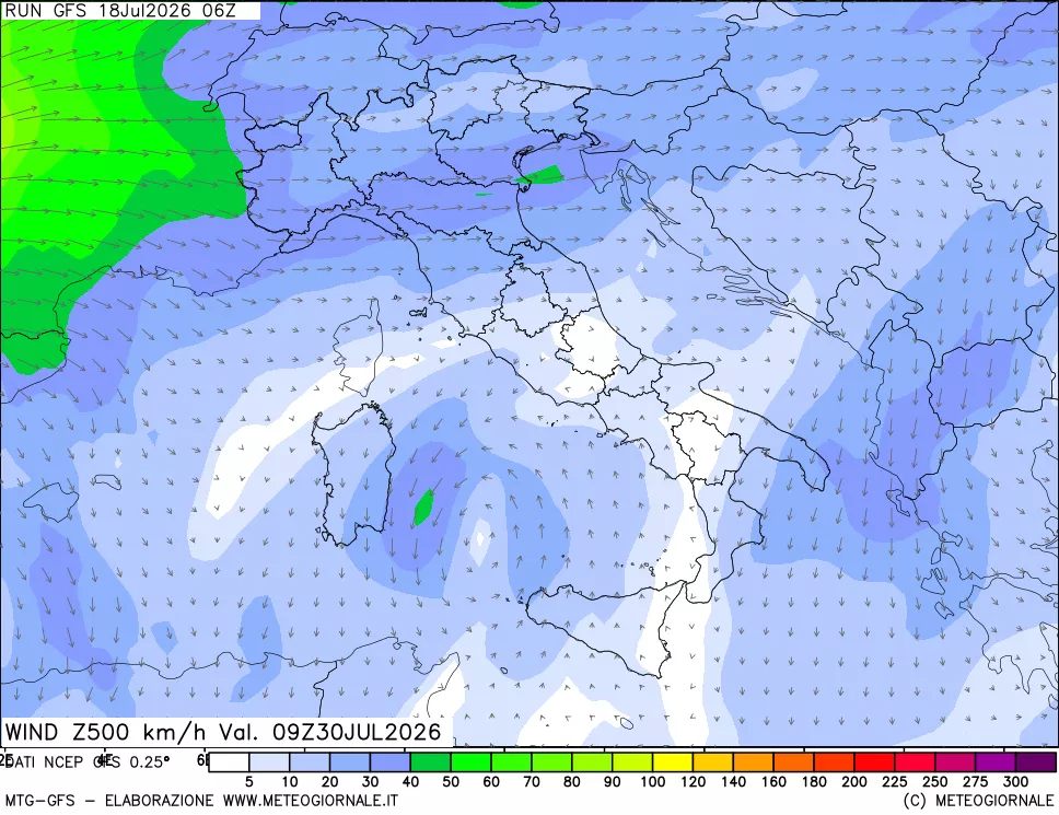 mappa 500 hPa Vento forza e direzione