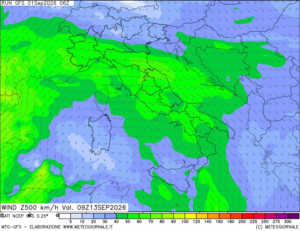 mappa 500 hPa Vento forza e direzione