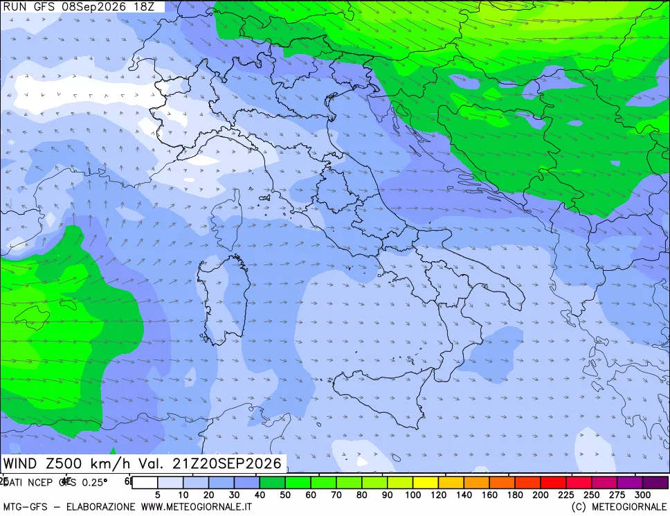 mappa 500 hPa Vento forza e direzione