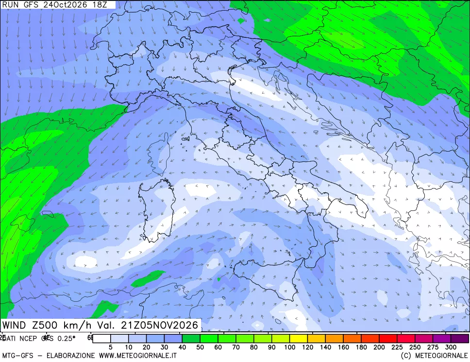 mappa 500 hPa Vento forza e direzione
