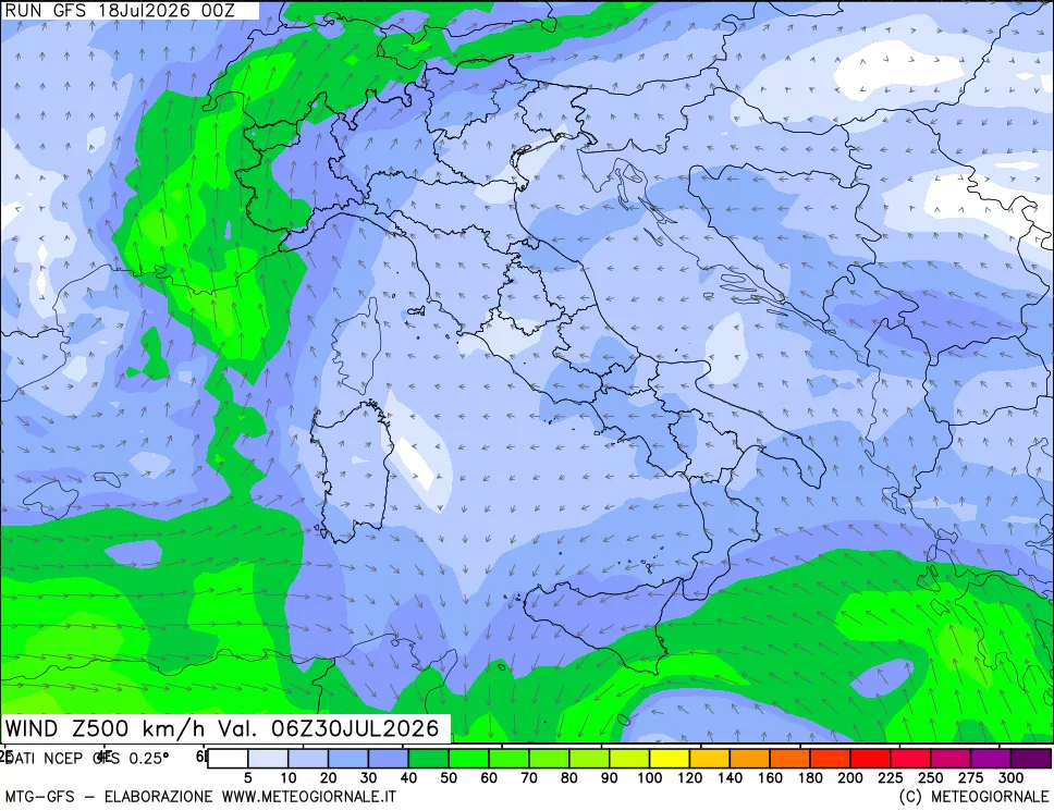 mappa 500 hPa Vento forza e direzione