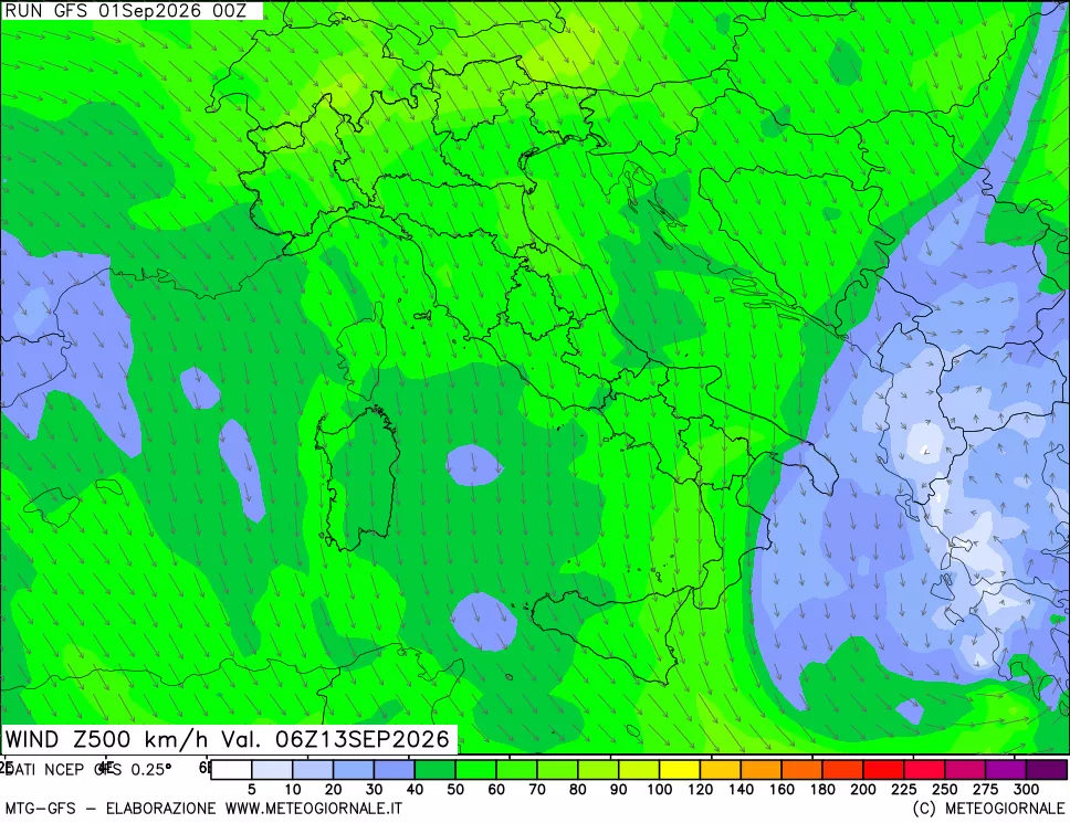 mappa 500 hPa Vento forza e direzione