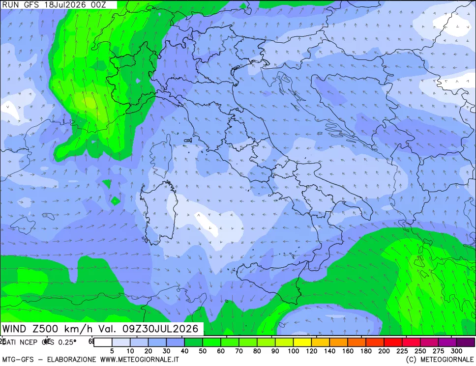 mappa 500 hPa Vento forza e direzione