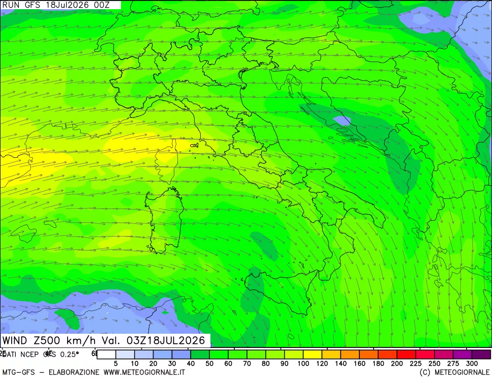 mappa 500 hPa Vento forza e direzione