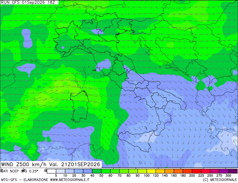 mappa 500 hPa Vento forza e direzione