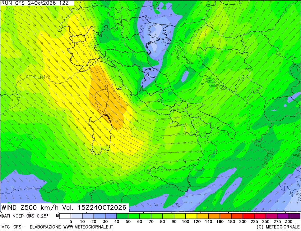 mappa 500 hPa Vento forza e direzione