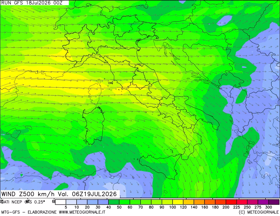 mappa 500 hPa Vento forza e direzione