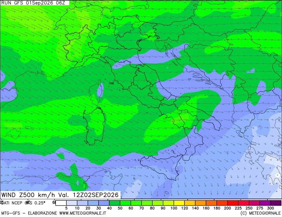 mappa 500 hPa Vento forza e direzione