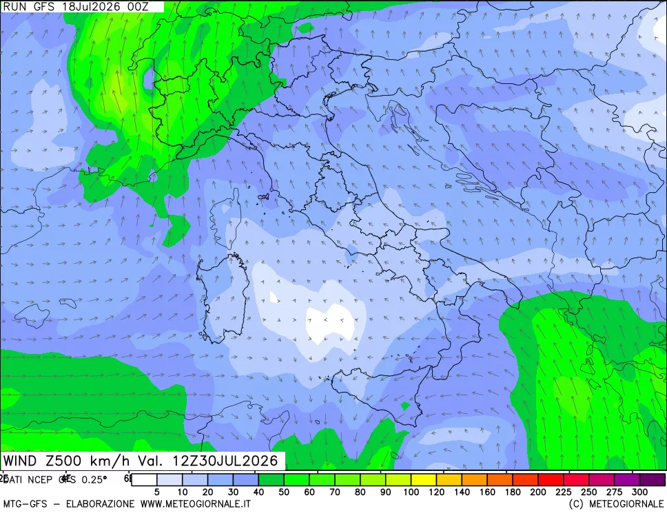 mappa 500 hPa Vento forza e direzione