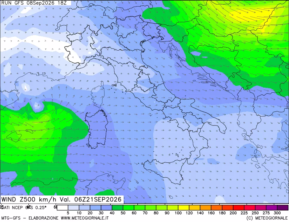 mappa 500 hPa Vento forza e direzione