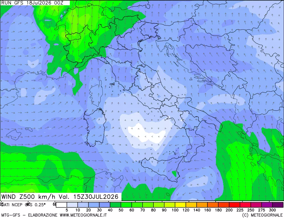mappa 500 hPa Vento forza e direzione