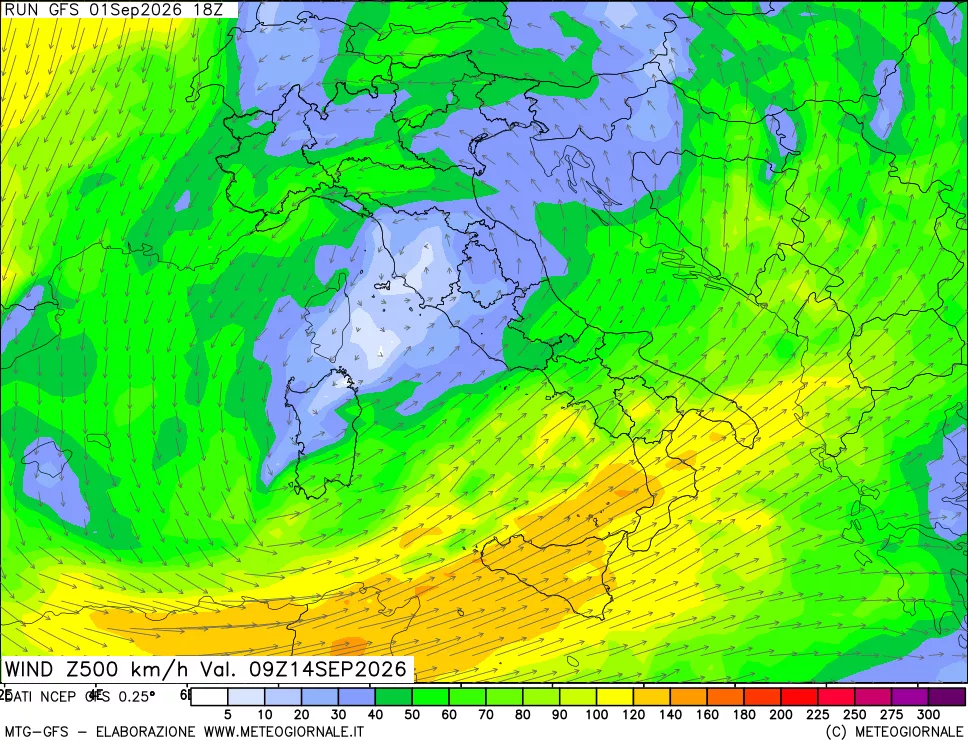 mappa 500 hPa Vento forza e direzione
