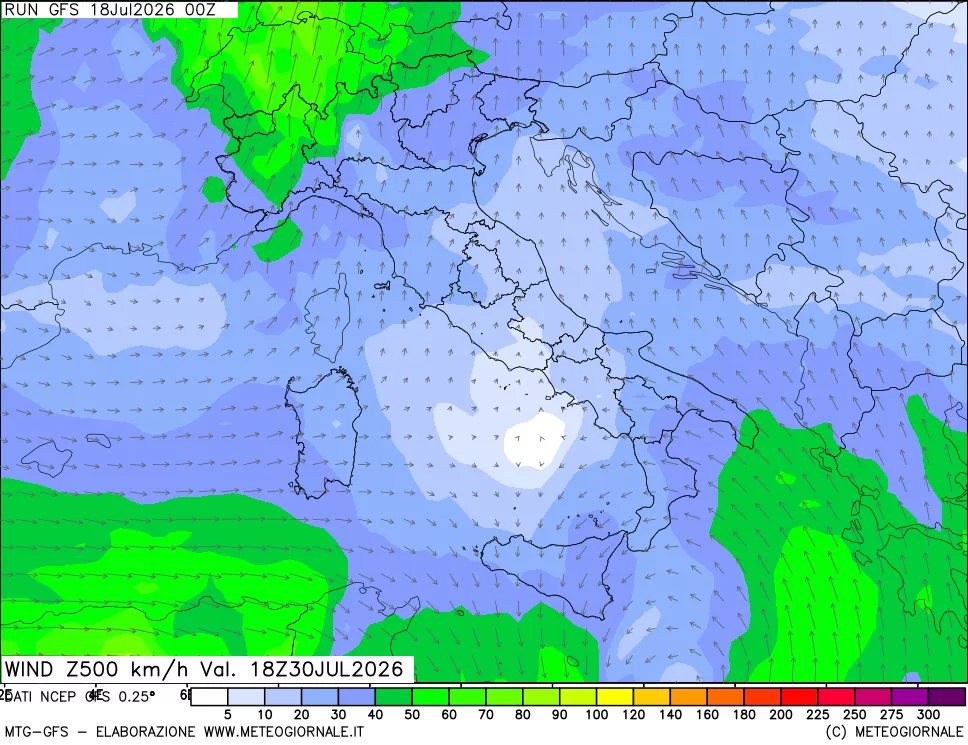 mappa 500 hPa Vento forza e direzione