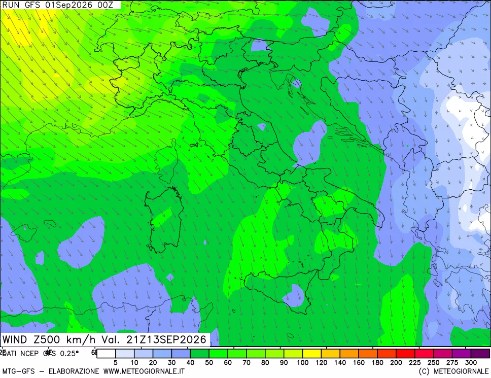 mappa 500 hPa Vento forza e direzione