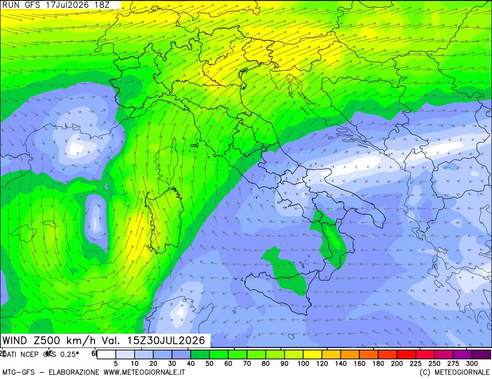mappa 500 hPa Vento forza e direzione