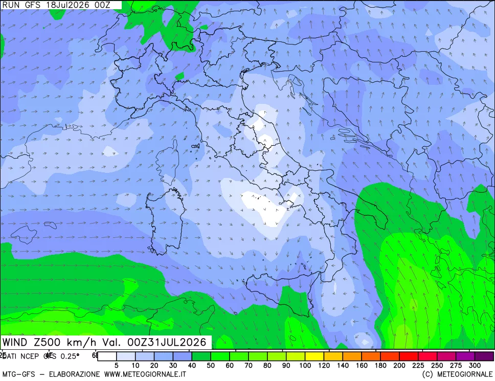 mappa 500 hPa Vento forza e direzione