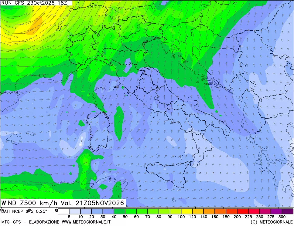 mappa 500 hPa Vento forza e direzione