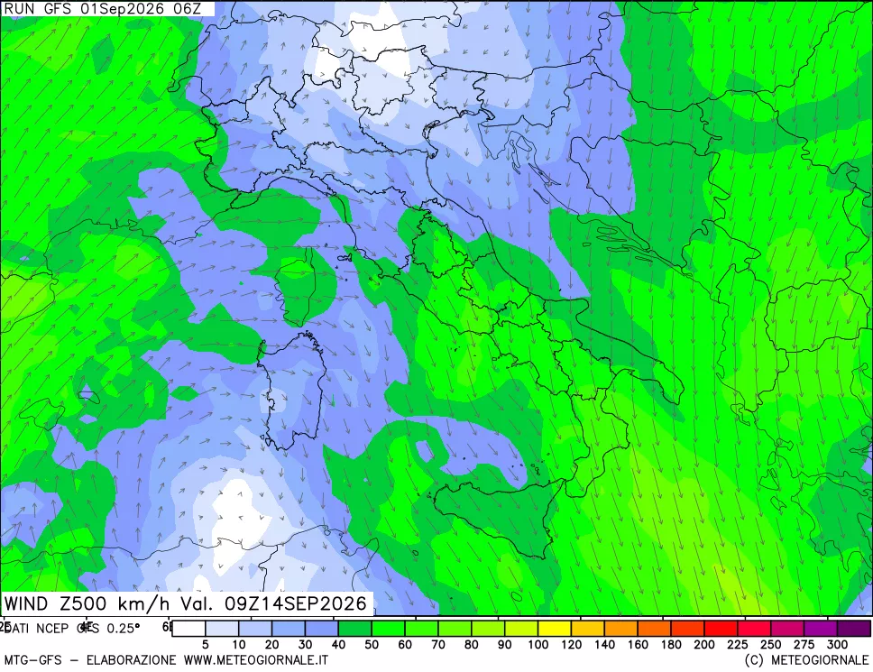 mappa 500 hPa Vento forza e direzione