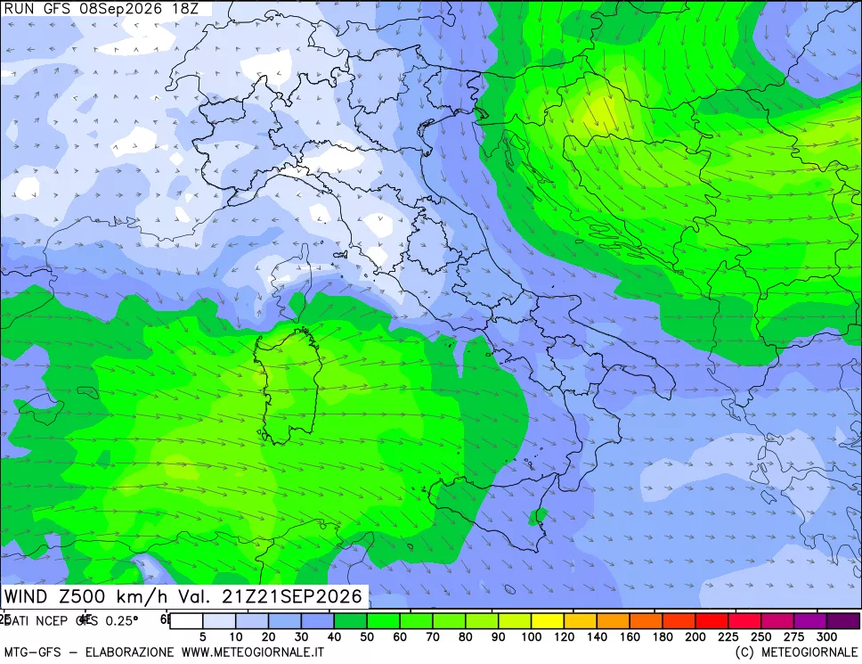mappa 500 hPa Vento forza e direzione