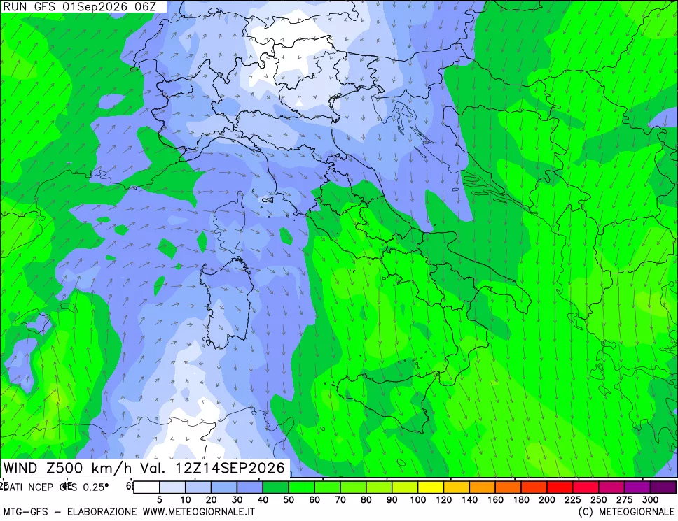 mappa 500 hPa Vento forza e direzione