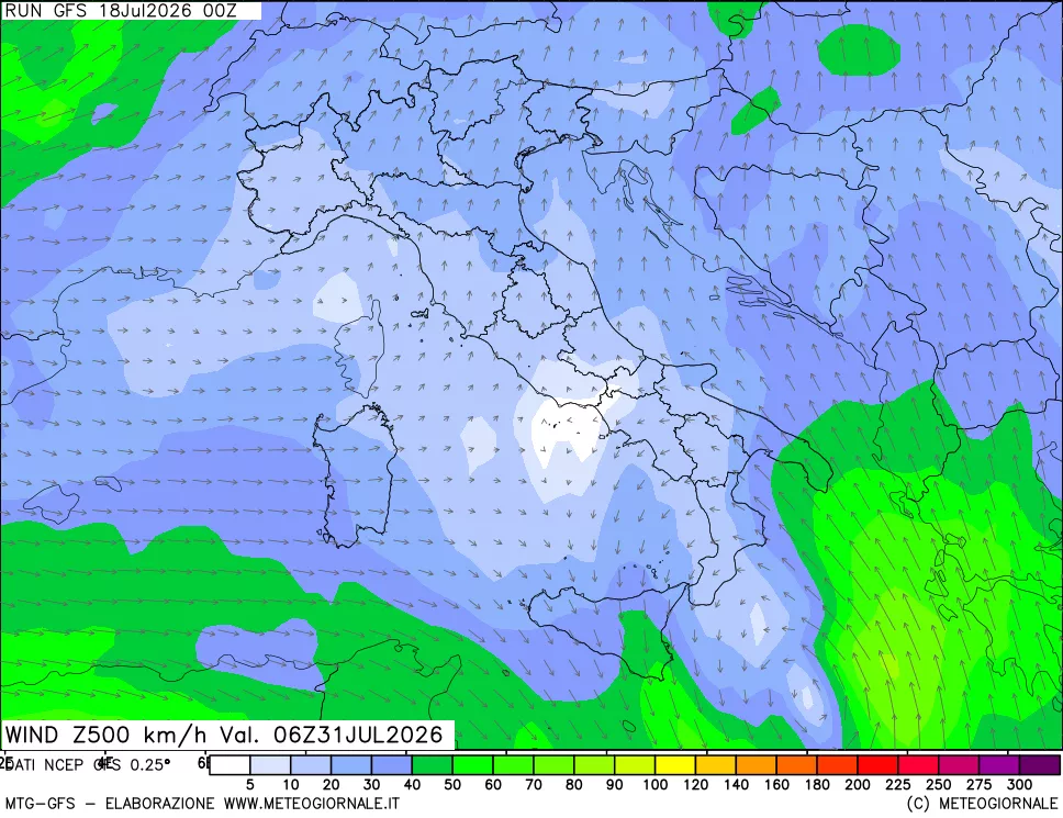 mappa 500 hPa Vento forza e direzione