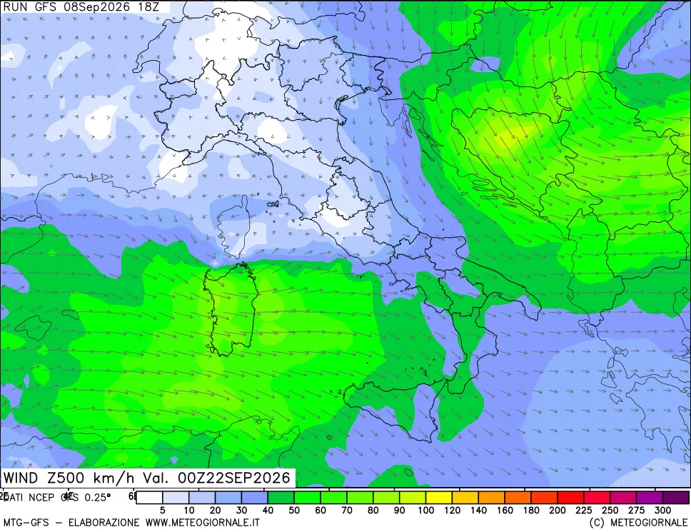 mappa 500 hPa Vento forza e direzione