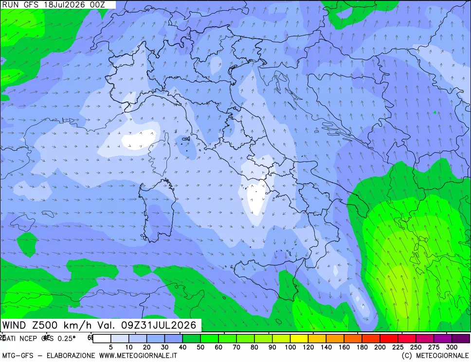 mappa 500 hPa Vento forza e direzione