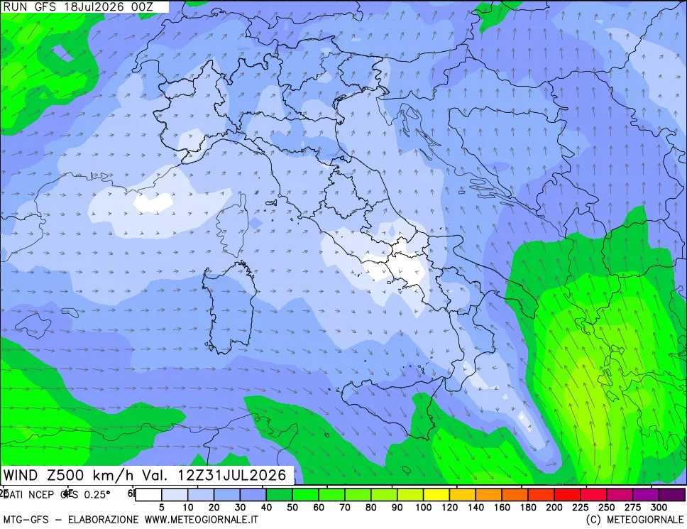 mappa 500 hPa Vento forza e direzione
