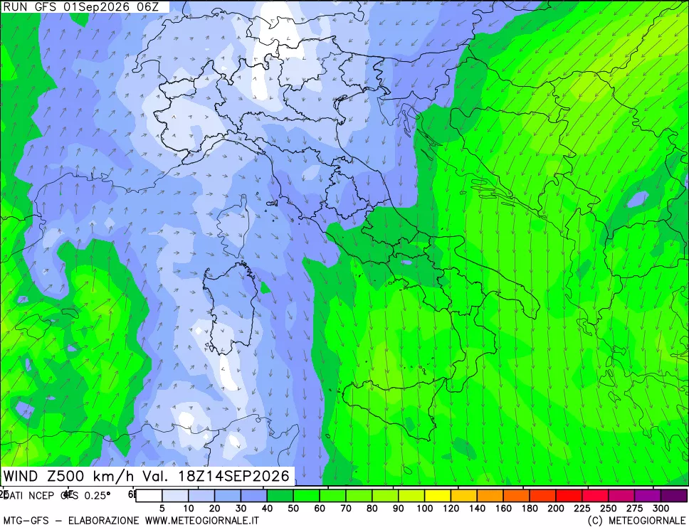 mappa 500 hPa Vento forza e direzione