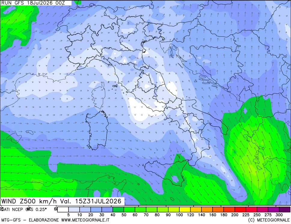 mappa 500 hPa Vento forza e direzione