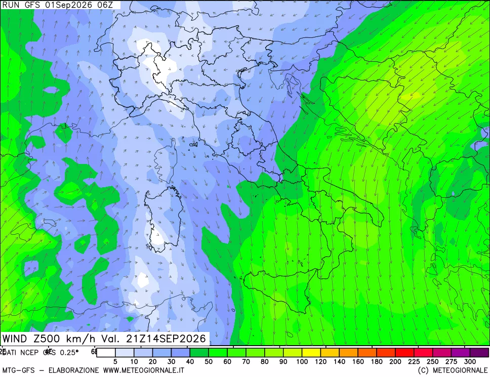 mappa 500 hPa Vento forza e direzione