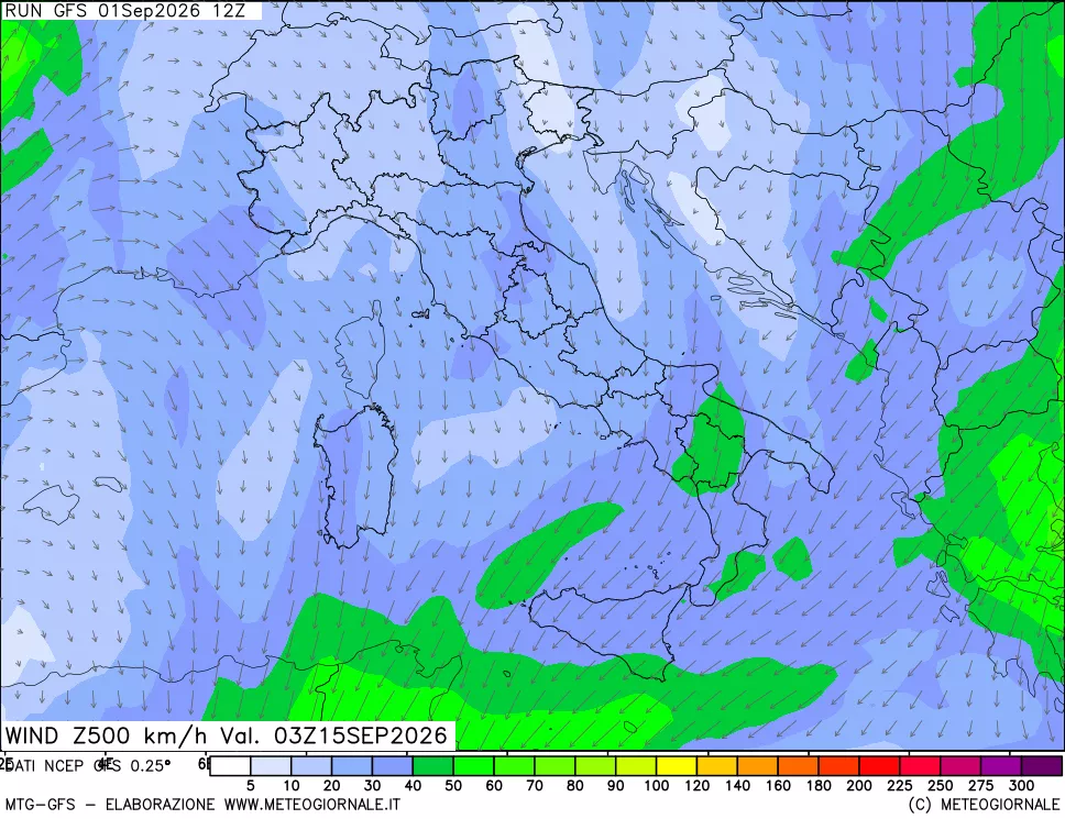mappa 500 hPa Vento forza e direzione