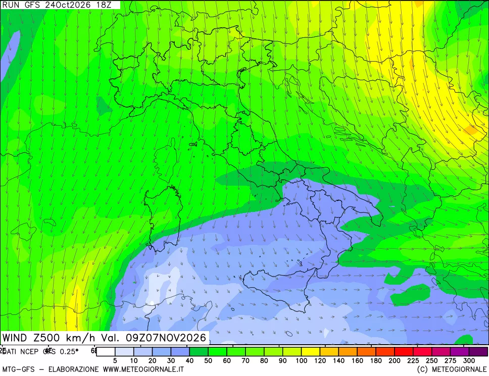 mappa 500 hPa Vento forza e direzione