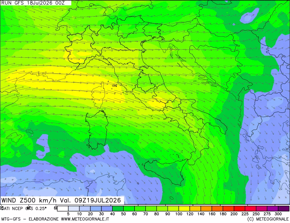 mappa 500 hPa Vento forza e direzione