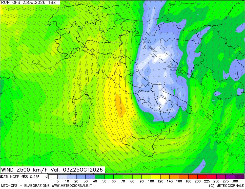 mappa 500 hPa Vento forza e direzione
