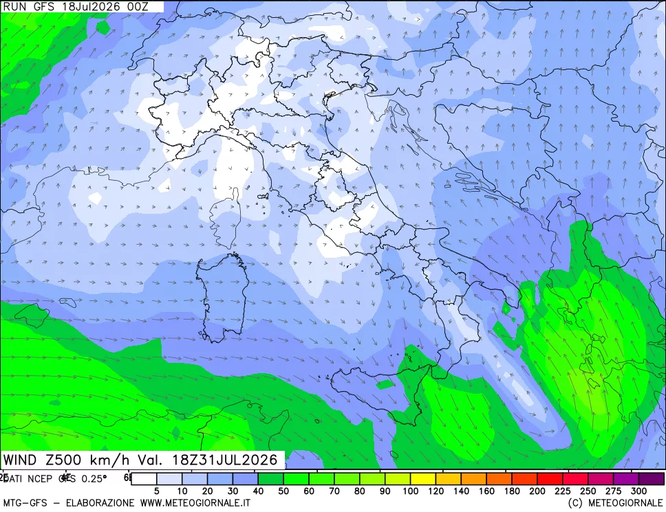 mappa 500 hPa Vento forza e direzione