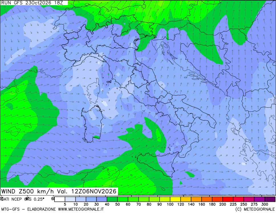 mappa 500 hPa Vento forza e direzione