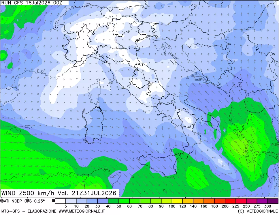 mappa 500 hPa Vento forza e direzione